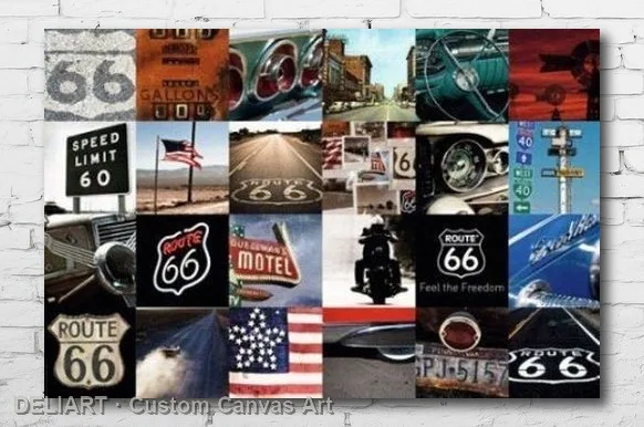 

ROUTE 66 - MOSAIC Canvas Poster COLLAGE USA FREEDOM ROAD CAR Custom Size Available Room Decoration Home Decor Wall Art