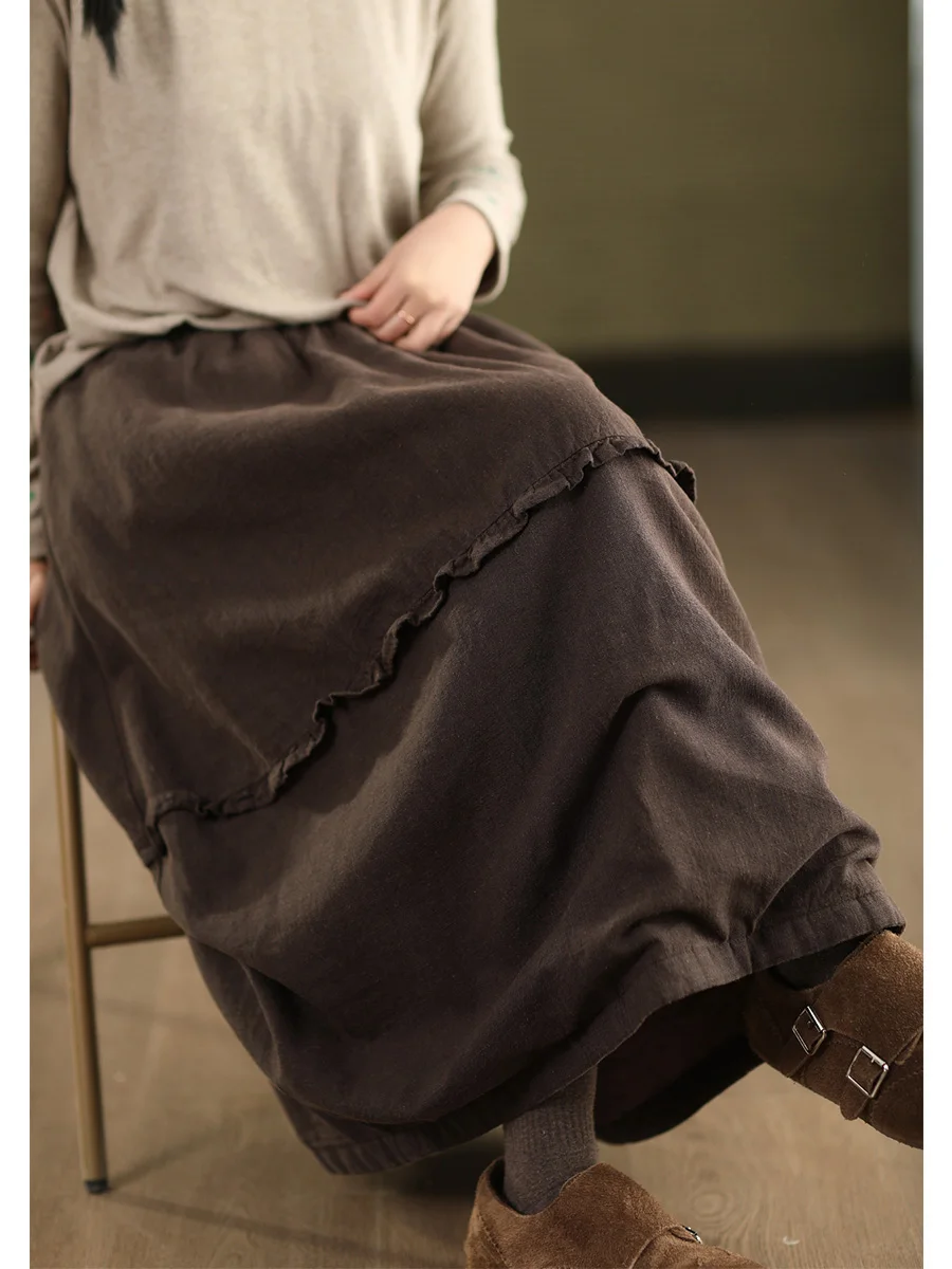 

Thiened Winter f Skirt with Wool Inner Layer Linen Cotton Splicing Warm High Waist A-Line Skirt for Women