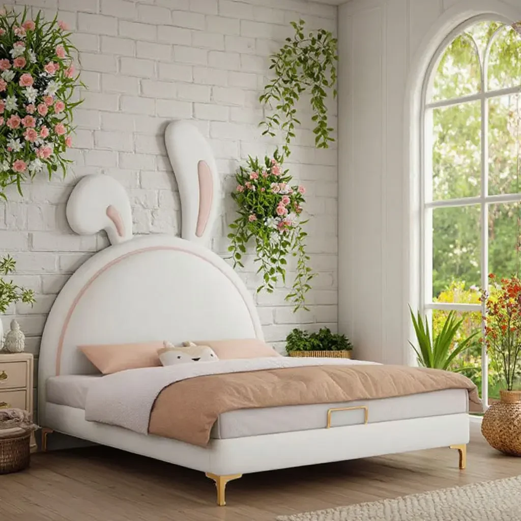 Wholesale Nordic Girl Single Cloud Leather Bunk Bed Luxury Rabbit Princess Theme Soft Wood Bedroom Use for Children's Beds