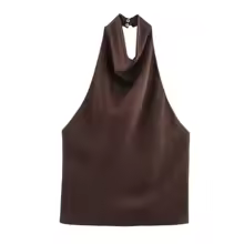 Halter Tops Satin Backless Corset Slim Crop Tank Style for Women - Coffee