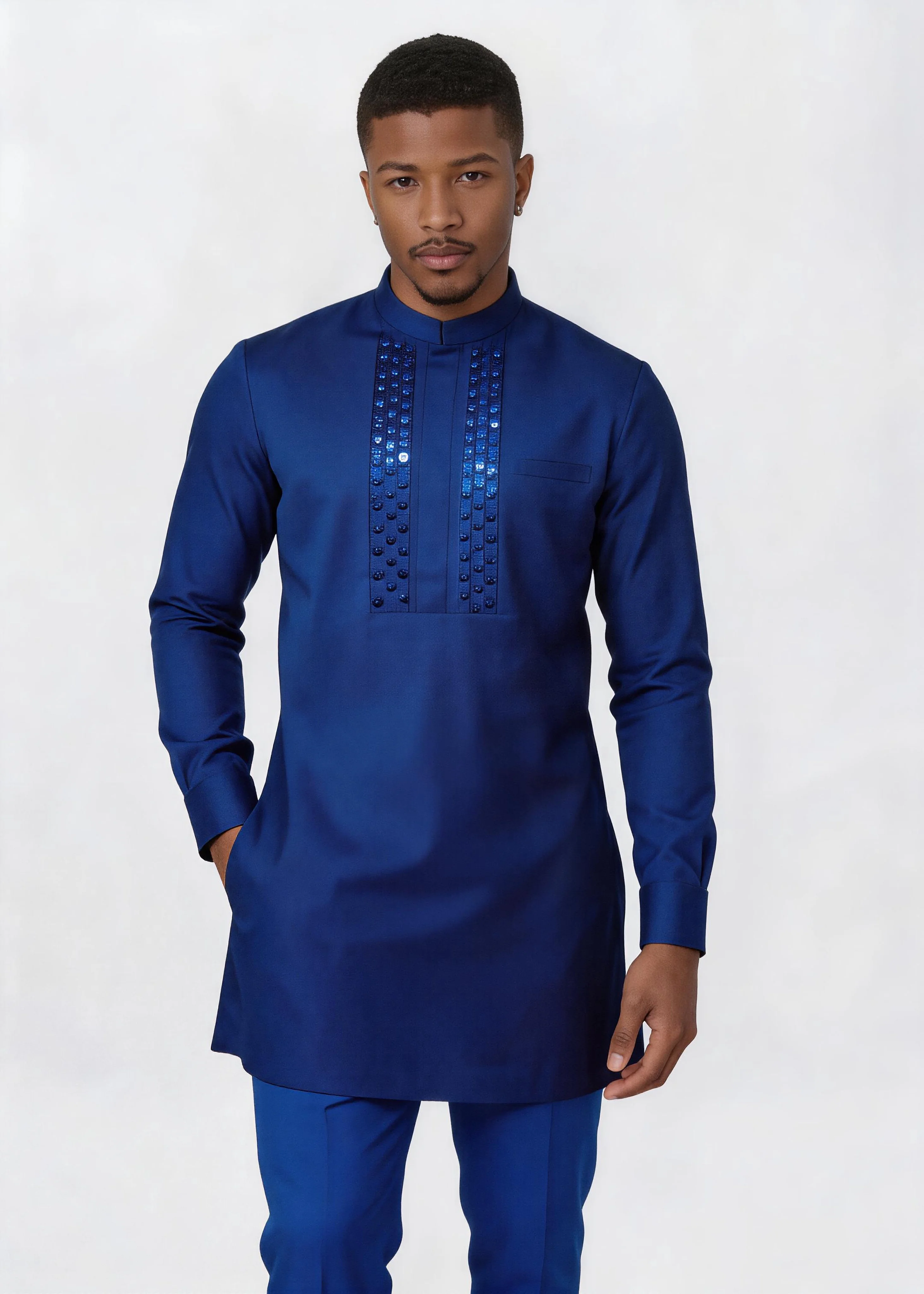 Men African 2‑Piece Outfit Royal Blue Mandarin Collar Sequins Embroidery Long Sleeve Tunic Top Pants Set Wedding Party Tradition