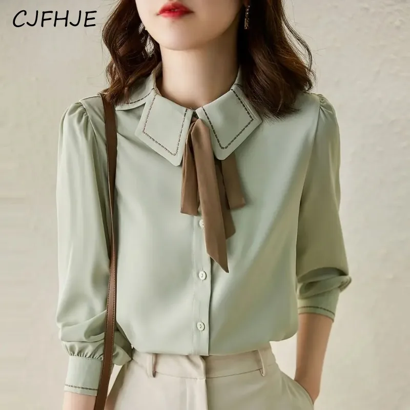 

CJFHJE Spring Polo-neck Elegant Fashion Bow Shirt Female Buttons Loose Casual Blouse Women Long Sleeve All-match Cardigan Top