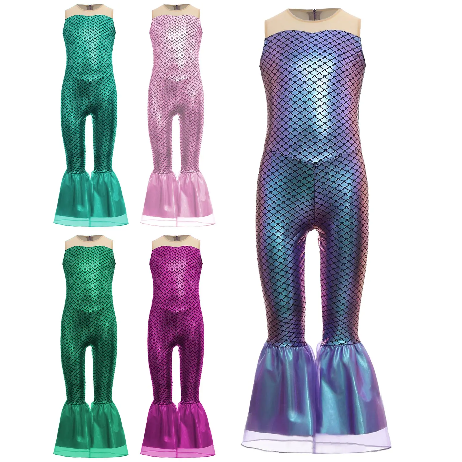 Kids Girls Fish Scales Jumpsuit Print Flared Mermaid Cosplay Costume Sleeveless Halloween Party Holiday Dress-up Costume