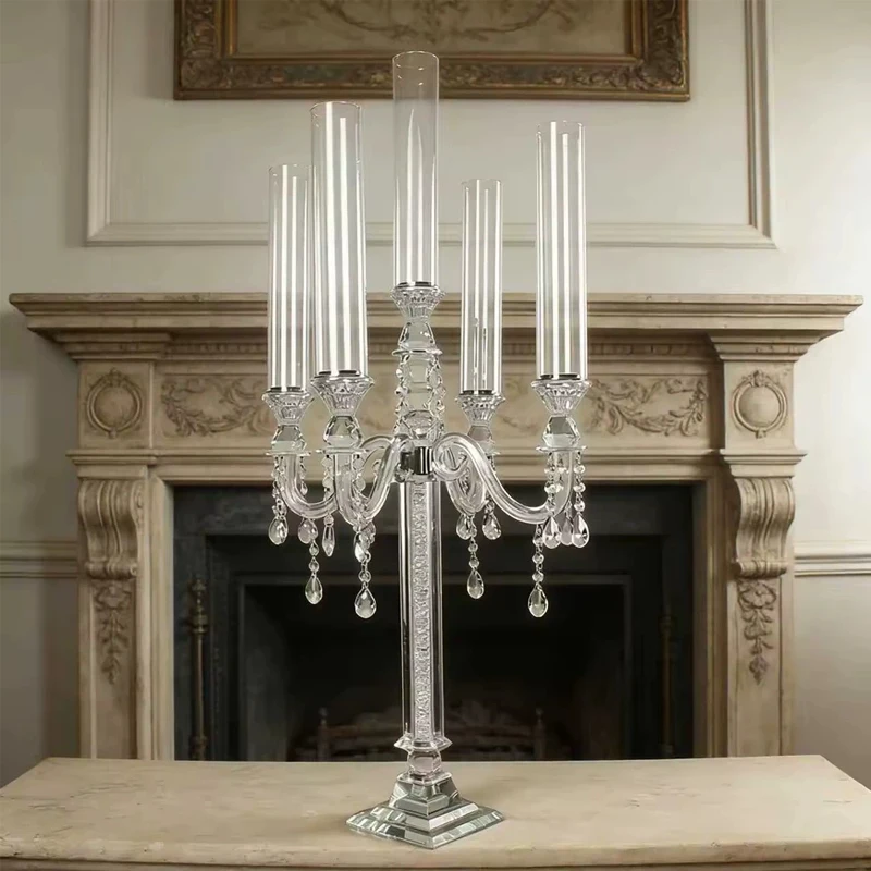 French Style High Glass Candlestick Set of 5 Wind-Proof Wedding Hotel Props Romantic Desktop Decor Ornament