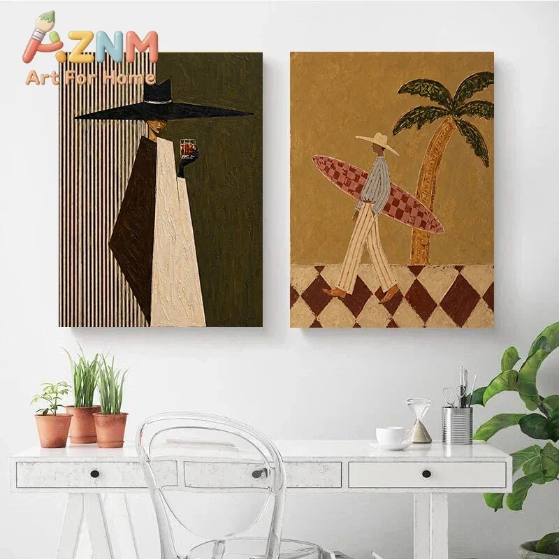 Retro Cowboy Hat Woman Surfer Wall Art Poster Modern Western Oil Canvas Print Wall Decor for Bar Living Room Home Decoration