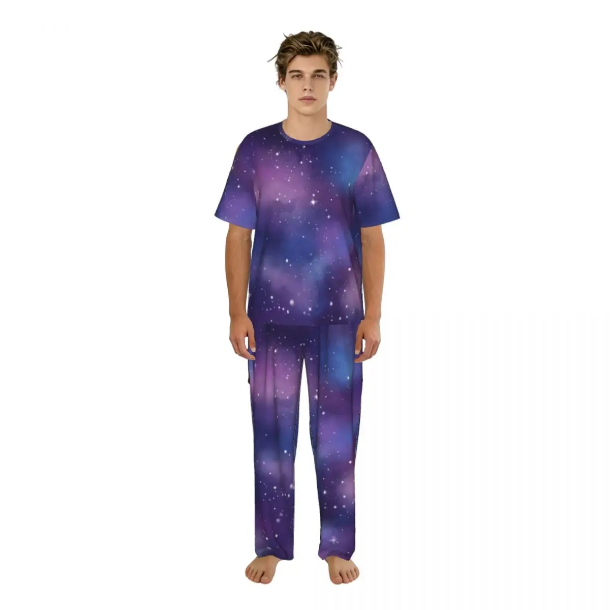 

Men's short-sleeved pajamas two-piece trousers Galaxy Background home wear suit sleepwear