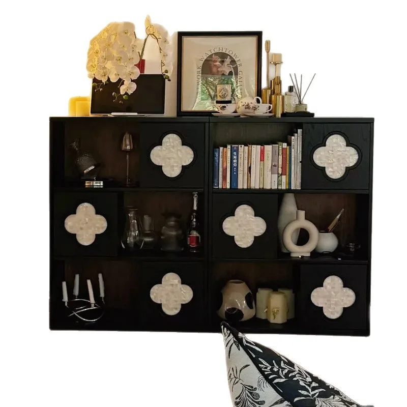 

French retro medieval shell four-leaf clover solid wood bookshelf bookcase combination decorative cabinet locker balcony edge