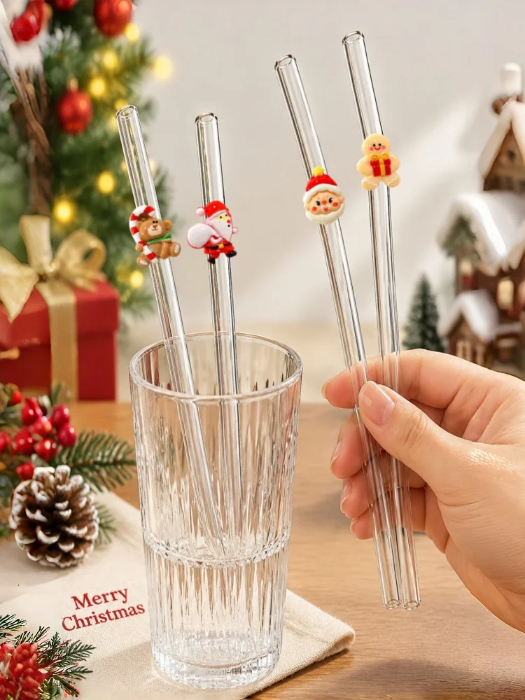 4PCS Christmas Gingerbread Man Monkey Santa Glass Straws Bend Reusable Clear Drinking Straws Coffee Juice Party Gift Xmas