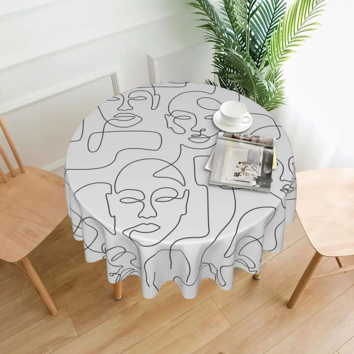 Women Head Round Tablecloth Abstract Head Black Line Protection Table Cloth Elegant Home Picnic Events Party Printed Table Cover