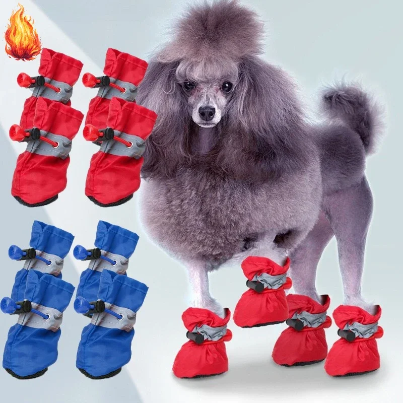 4 Pcs/set Reflective Dog Paw Boots - Waterproof Oxford Soft Sole Non-Slip Shoes for Small Medium Dogs Paw Guard