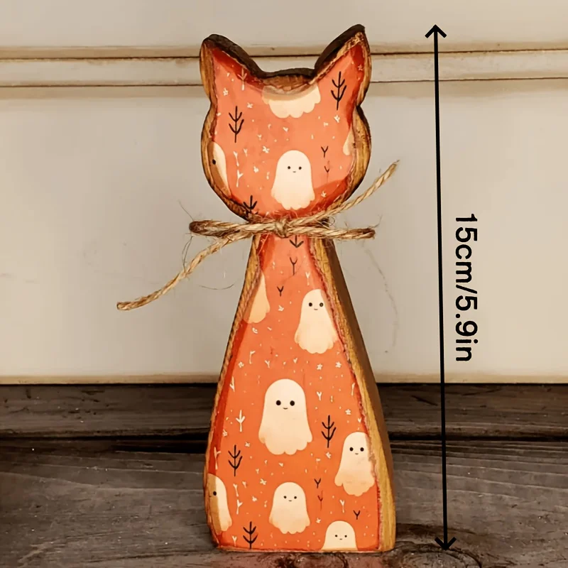 1pc Wooden Cat Halloween Multi-Layer Tray Decoration, Including Elements Like Pumpkins, Ghosts, Witch Hats, Bats, Etc