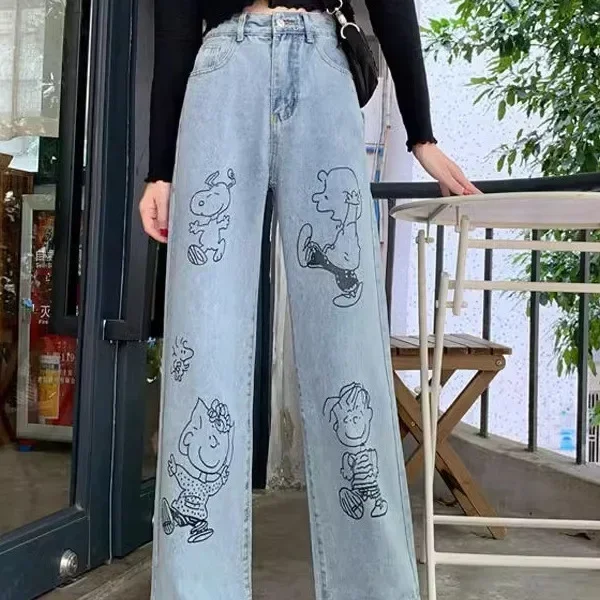 

Pop Wide Leg Student Style Women's Jeans Summer High Waist Loose Straight Long Trousers Snoopy Print School Uniform Fashion