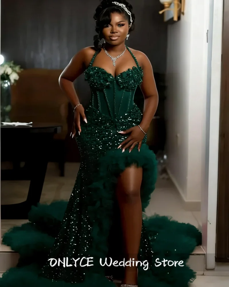 Glitter Red Prom Dreses 2026 Black Girls Beaded Halter Ruffles Crystals Sequins Evening Gown Birthday Party Dress Customized