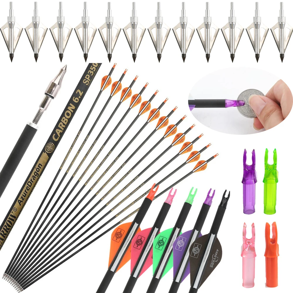 12pcs Carbon Arrows 30 Inch SP300‑400 ID6.2mm with 12pcs 100 Grain Fixed Blade Broadheads and 12pcs Arrow Nocks for Compound Bow Hunting Shooting