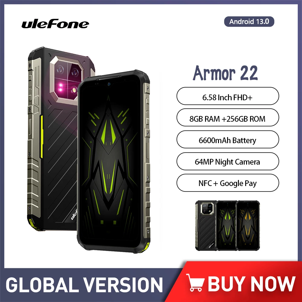 Ulefone-Armadura 22 Versão Global Smartphone Robusto, Celular NFC, Android 13, 6,58 ", 8GB, 256GB, 64MP Câmera Noturna, 6600mAh, 4G