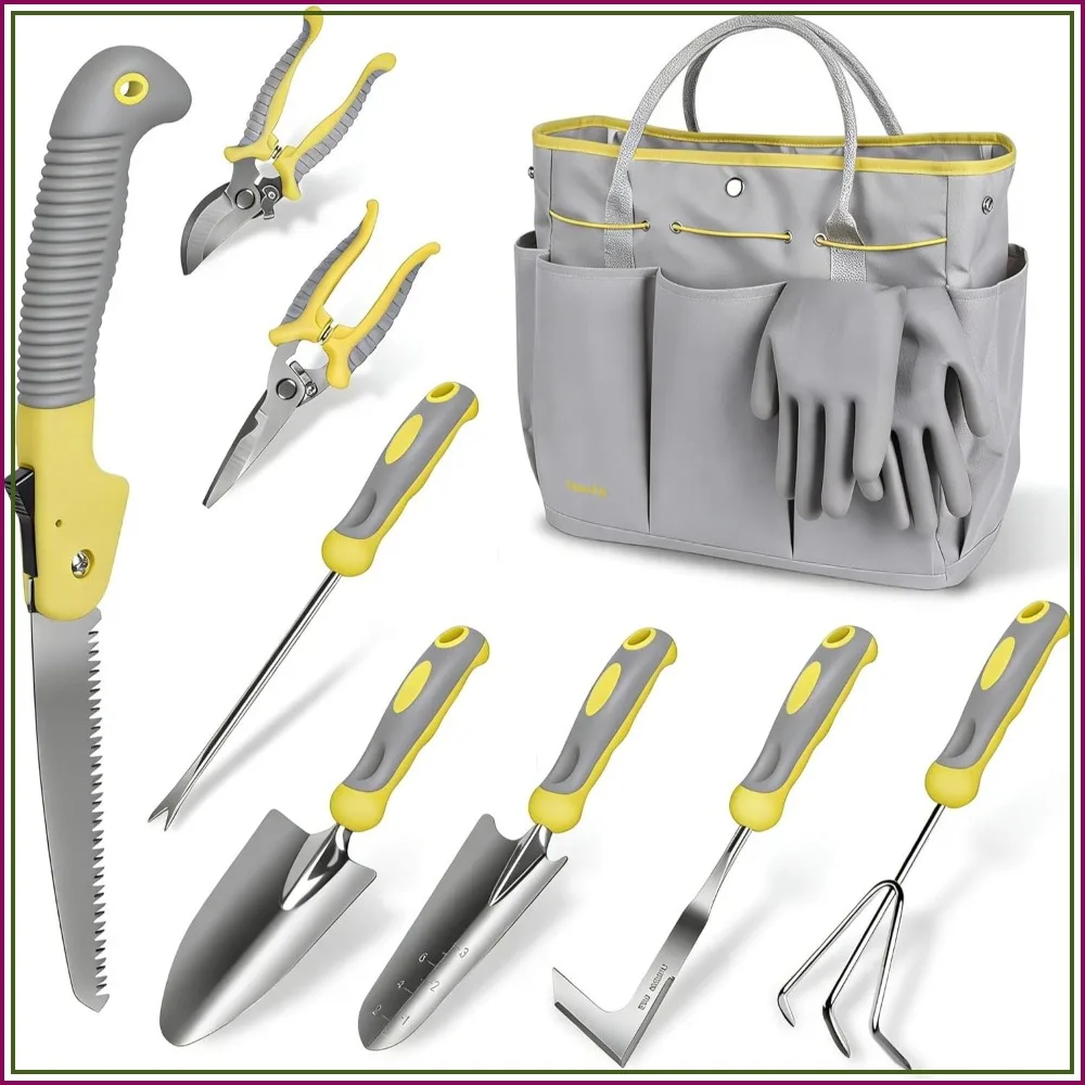 

10 Piece Stainless Steel Heavy Duty Gardening Tool Set with Durable Bag and Gloves, Ideal for Digging, Planting, Pruning