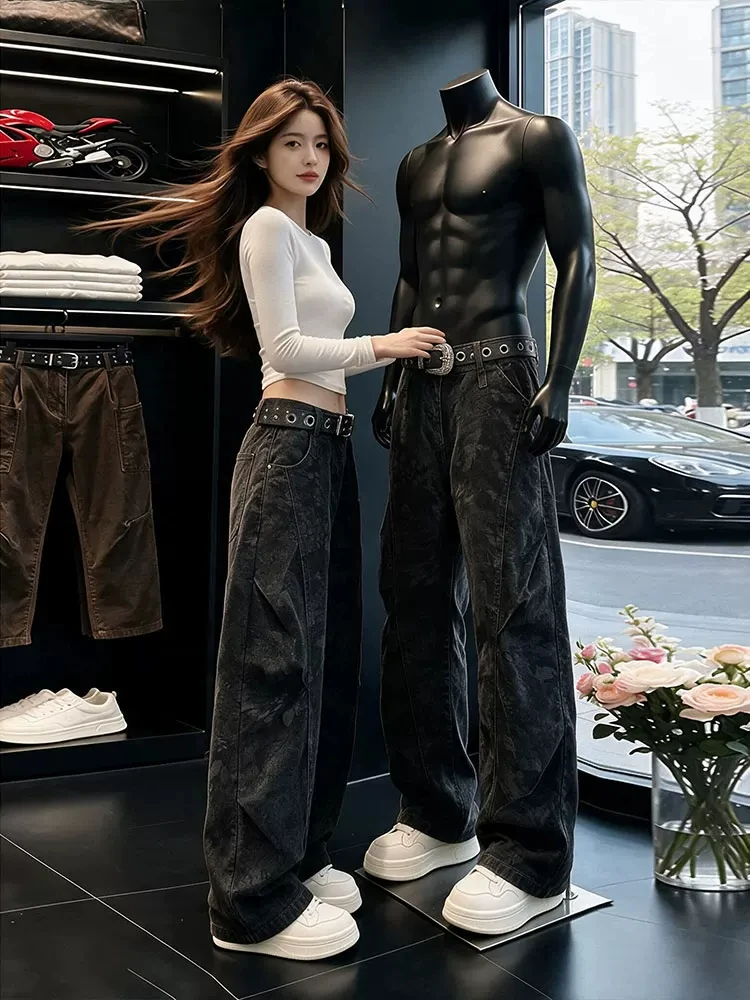 Black Camouflage Wide Leg Men's Jeans Autumn Washed Faded Knife  Loose Workwear Trousers Youth Popular Straight Cut Jeans