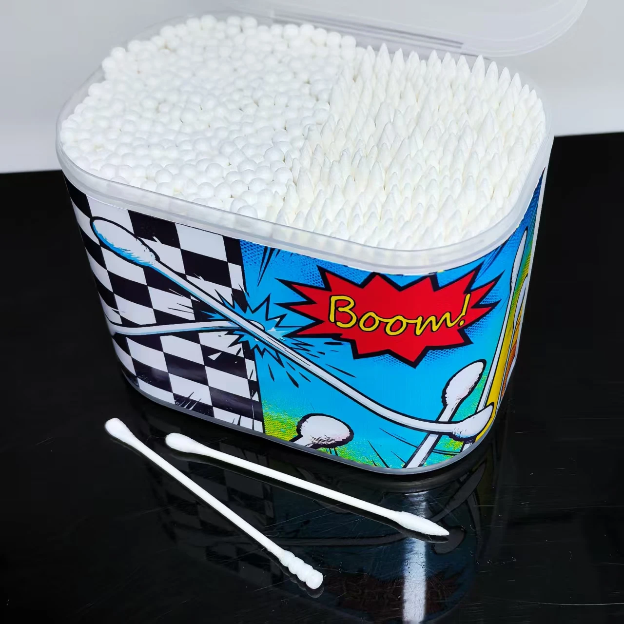 창의적인 흑백 체크무늬 미세축 면봉 600개, 양면 면봉, 선물용 면봉