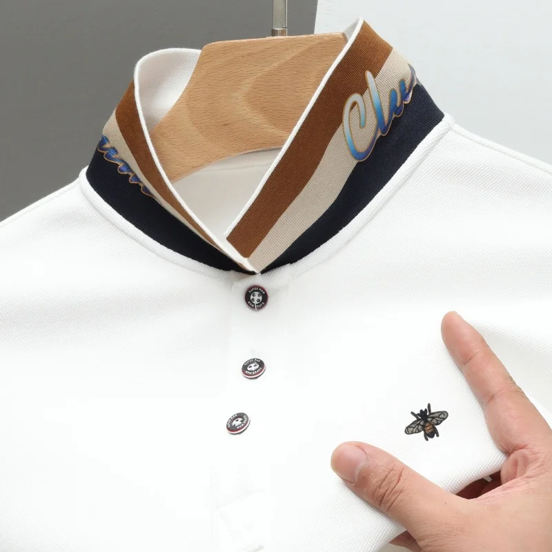 قميص بولو رجالي فاخر أصلي بأكمام طويلة مع تطريز النحل من القماش الناعم بأزرار أمامية مفتوحة على الطراز البريطاني ملابس رجالية #2