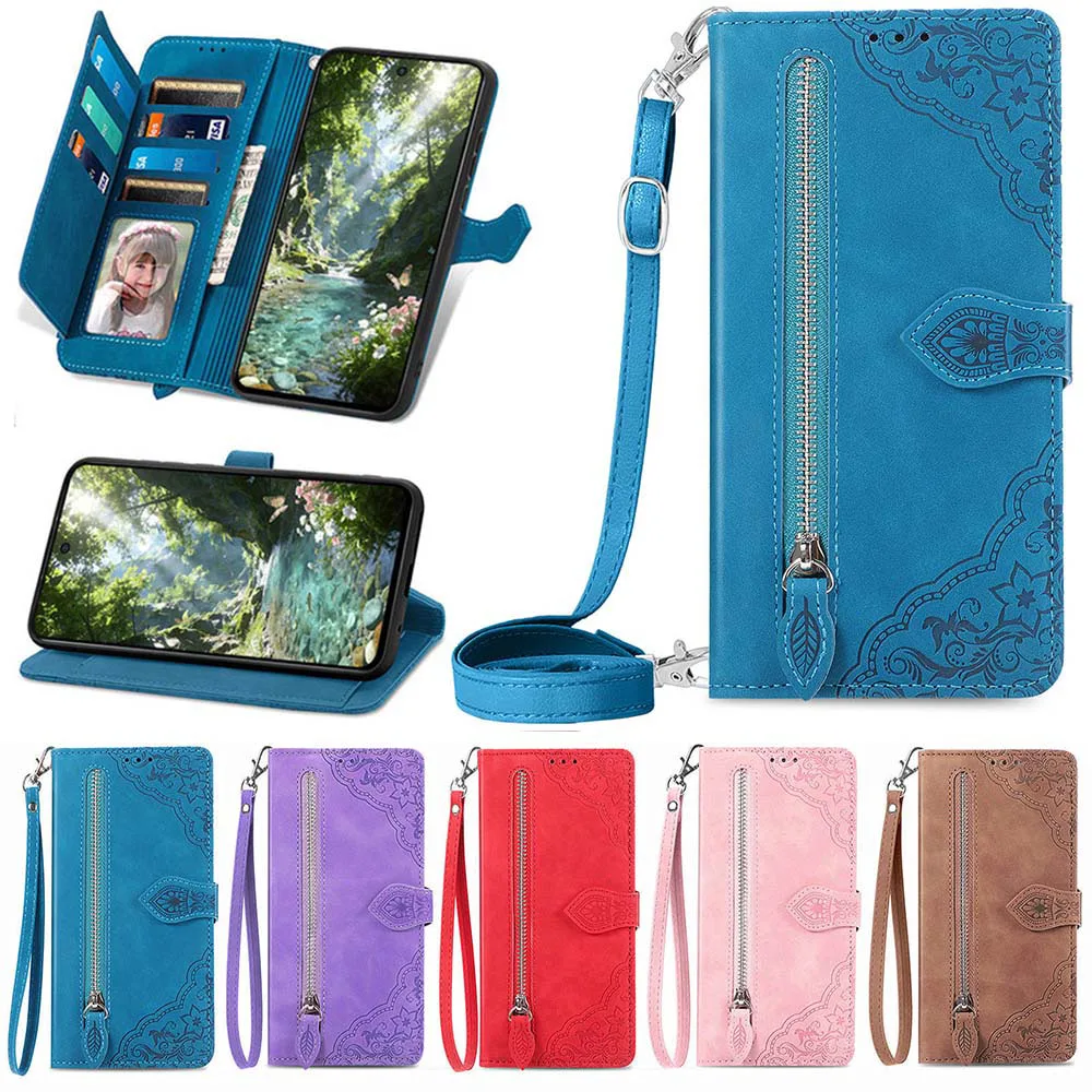 Zipper Leather Flip Wallet Case For Samsung Galaxy S26 Ultra S25 Edge S24 Plus S23 FE S22 Card Slot Phone Back Cover With Strap