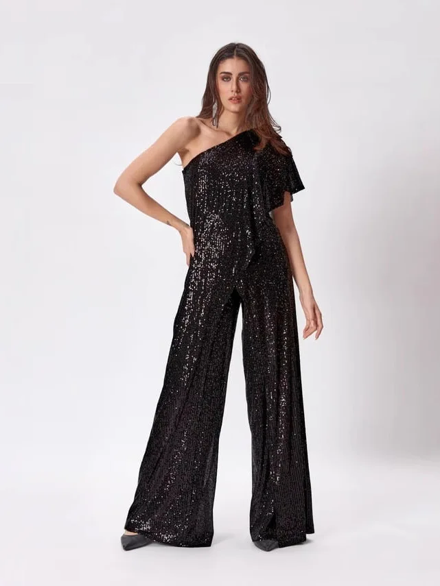 

Женские брюки-комбинезон Ele Ele с одним рукавом, пайетками, плиссированные, облегающие, длинные, с высокой талией, широкие штанины, для офиса