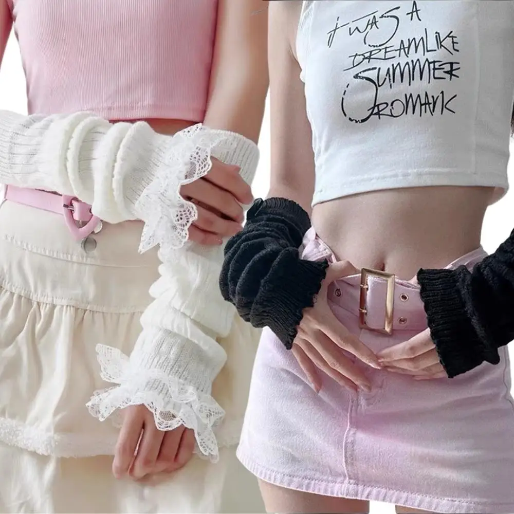 Y2K Sarung Tangan Pergelangan Tangan Panjang Tanpa Jari Ikatan Simpul Lengan Tebal Warna Polos Sarung Tangan Renda Ruffle Penghangat Lengan Rajutan Gotik Lolita