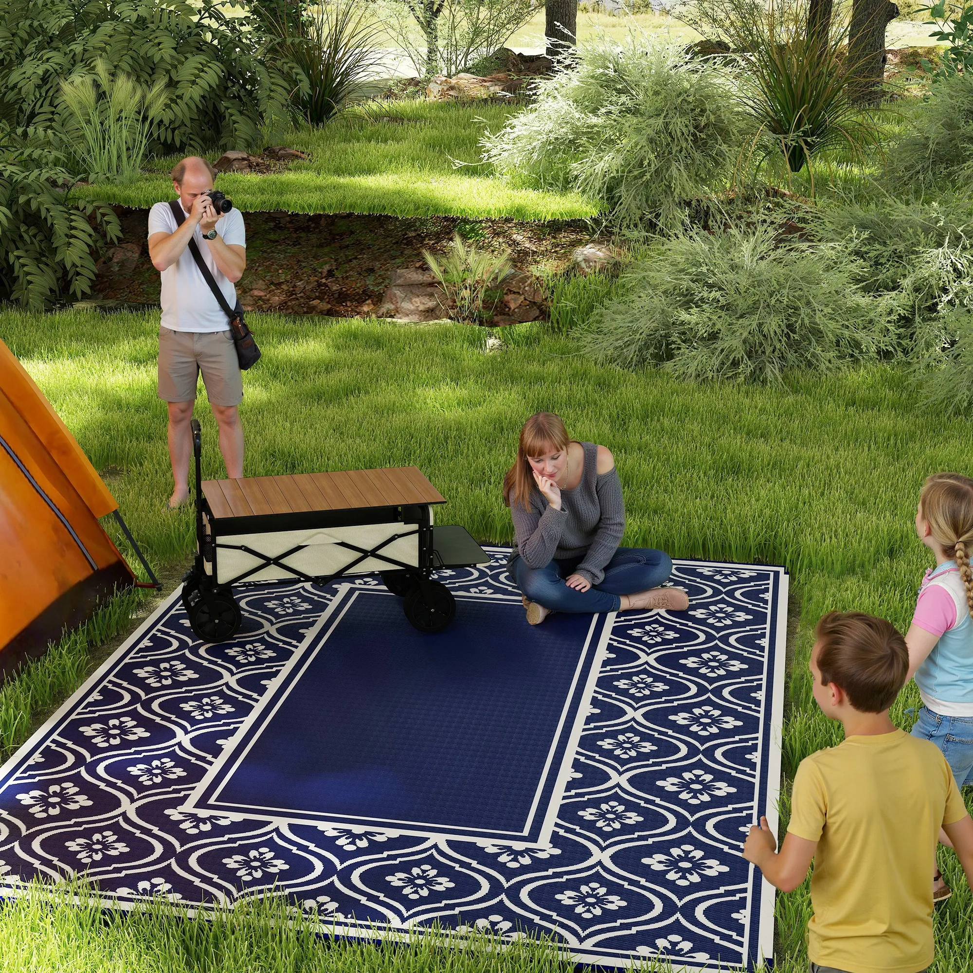 Outdoor Rug, 9' x 12' Floor Mat, Blue White Gourd Border