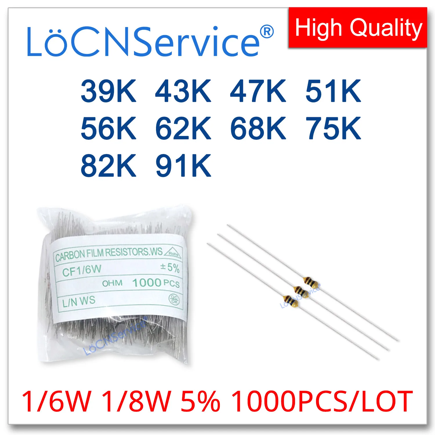 LoCNService 1000PCS/LOT 5% 1/6W 1/8W 39K 43K 47K 51K 56K 62K 68K 75K 82K 91K Carbon Film Resistor DIP OHM