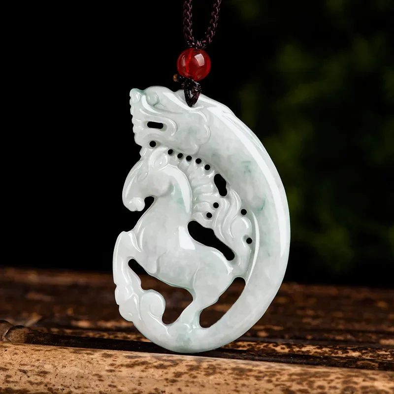 Natural Myanmar A-grade Jade Ancient Dragon Horse Spirit Zodiac Horse Pendant Sticky Jade Men Pendant Female Hand Carved Jewelry