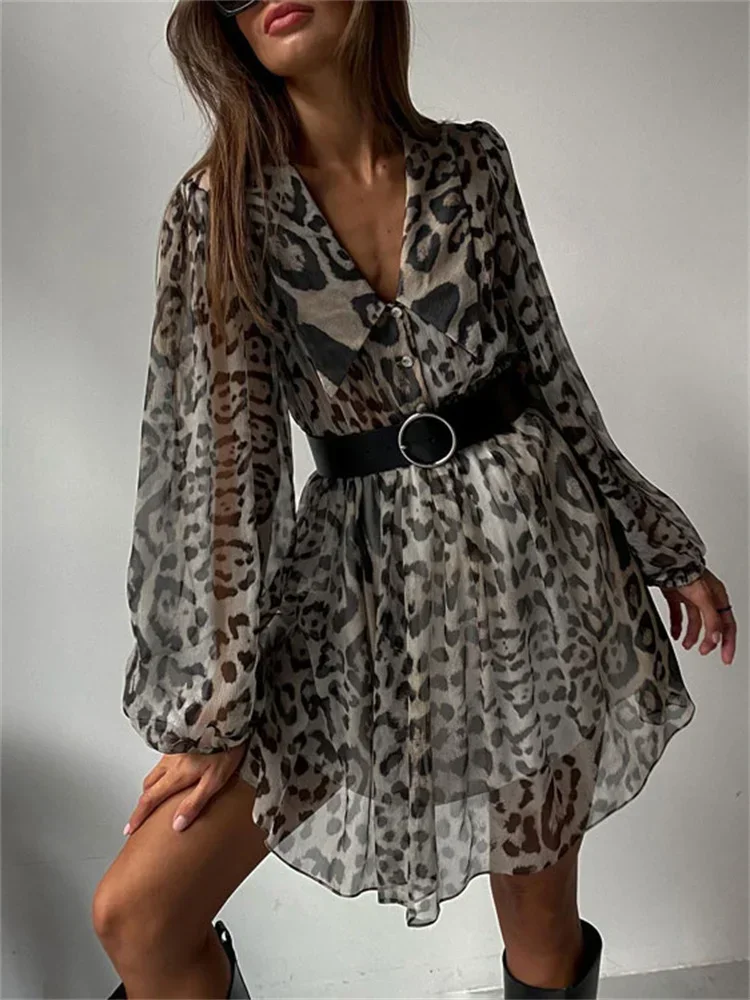 Mini vestido transparente estampado com decote em v para mulheres moda em camadas manga comprida casual vestido de rua alta verão vestido de chiffon