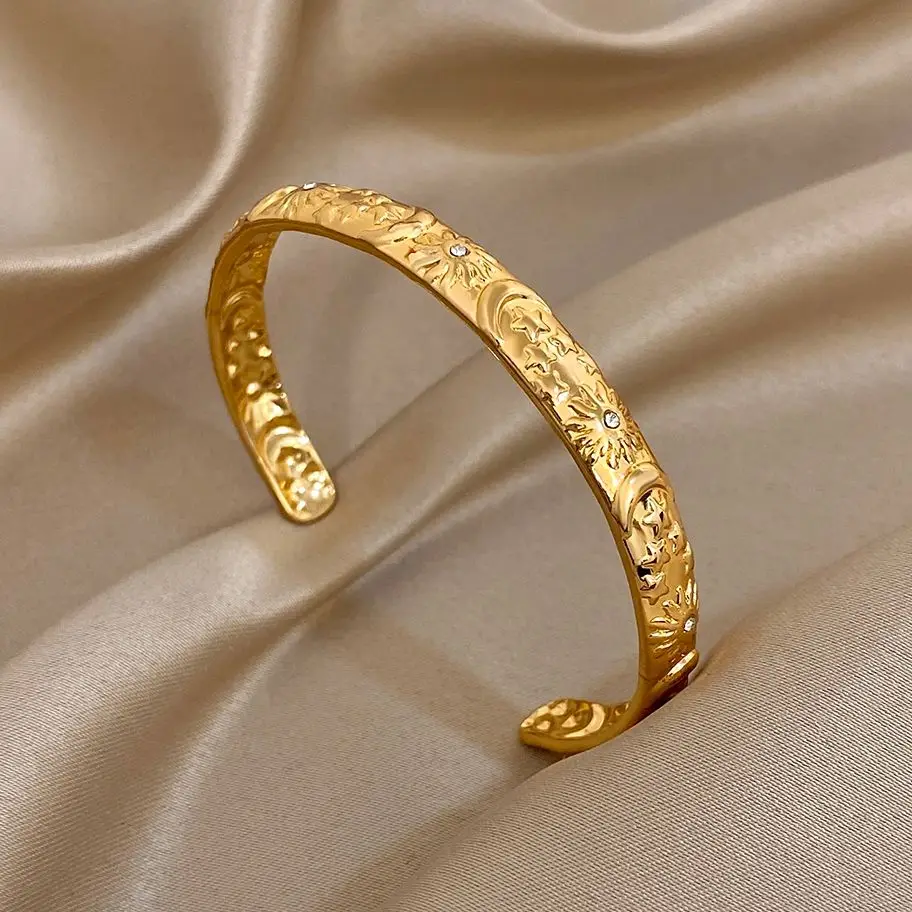 Vintage Sun Star Moon Glatte Manschettenarmband für Frauen Schicker vergoldeter Edelstahl Handgelenk Armreif Armbänder Ethnischer Schmuck