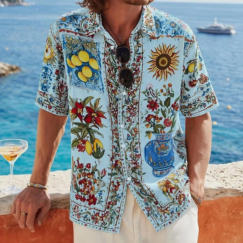 Men's Sicilian Lemon Sunflower Majolica 3D Print Short Sleeve Shirt Tropical Beach Resort Vacation Tops Blue White Spring Summer