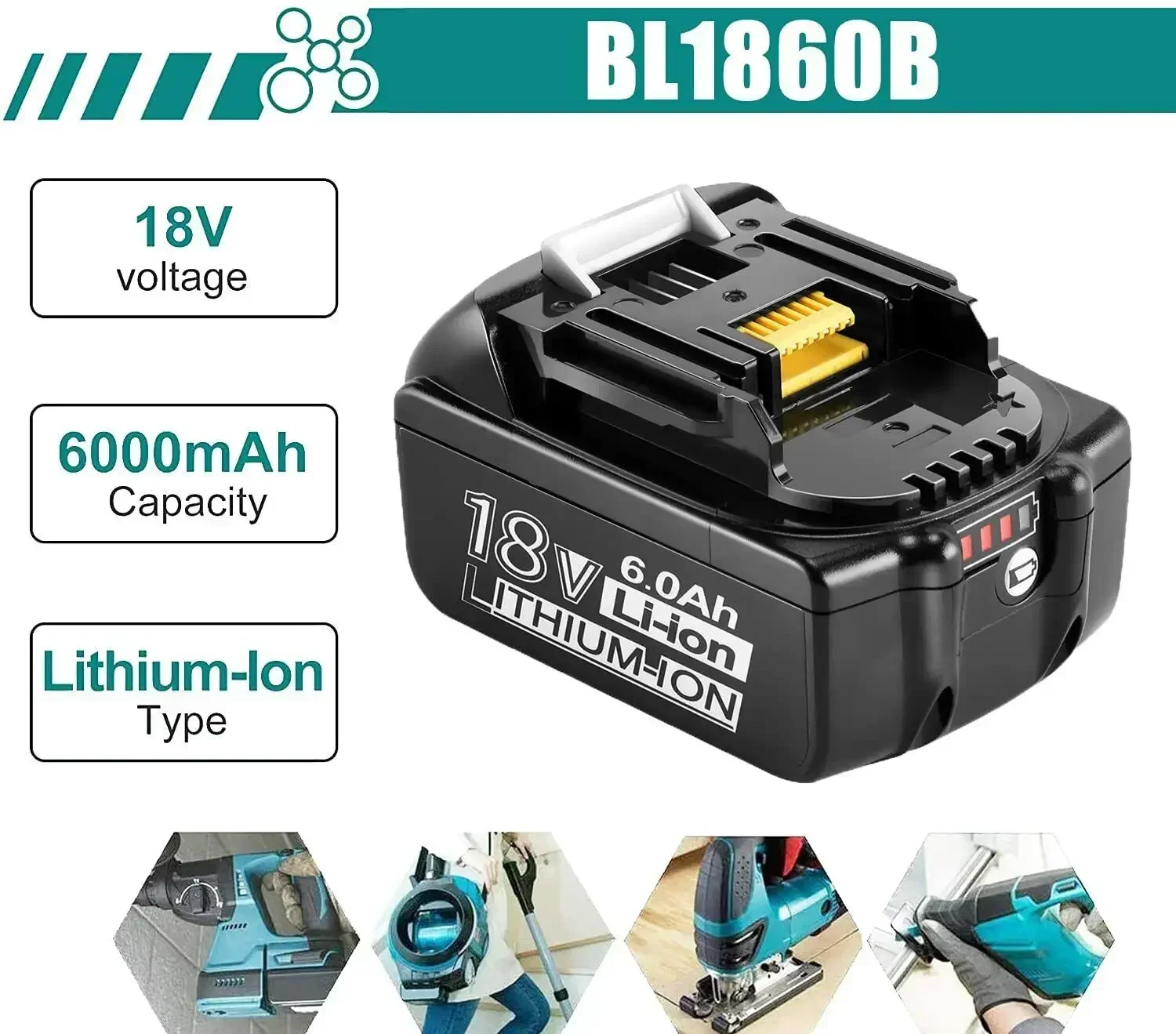 Batterie De Replacement, Lithium-ion, 18V, 6000MAH, Rechargeable Pour MAKITA BL1860B BL1880 BL1830 BL1850 BL1860B