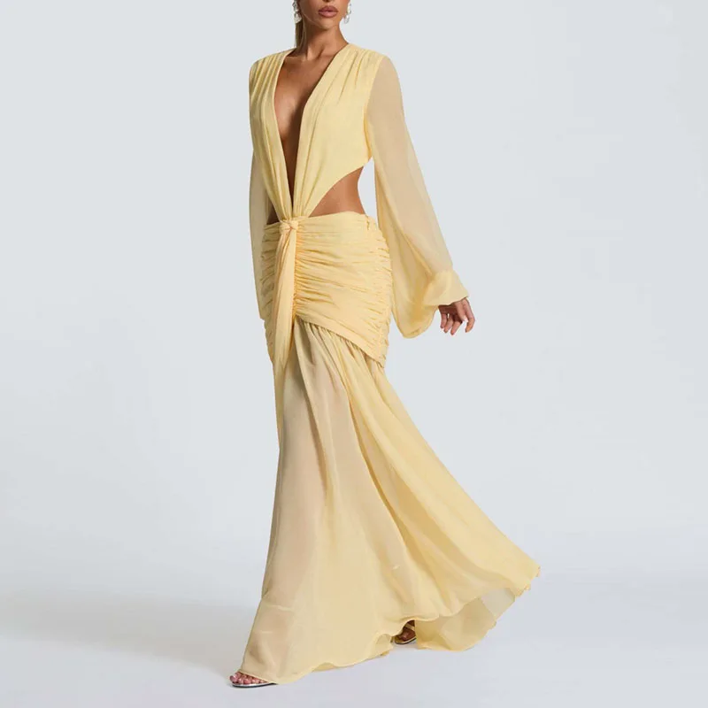 New Autumn Pleated Loose Backless Womans Dress Sexy Irregular Solid Deep V Neck Long Dress Elegant Long Sleeve Hollow Prom Dress