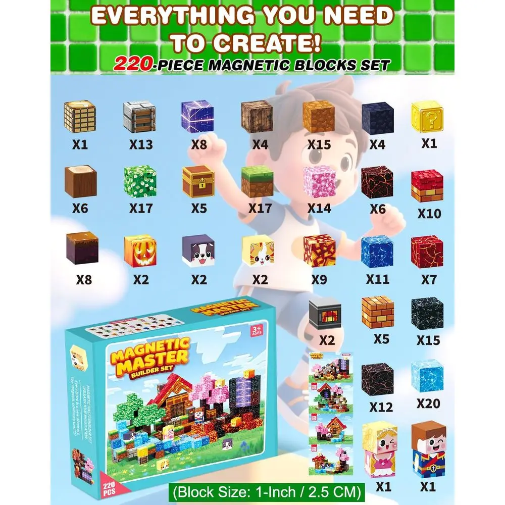 220-Piece 1-Inch Magnetic Building Blocks Set for Kids, Strong Magnets, STEM Toys, Ideal for Ages 3-12