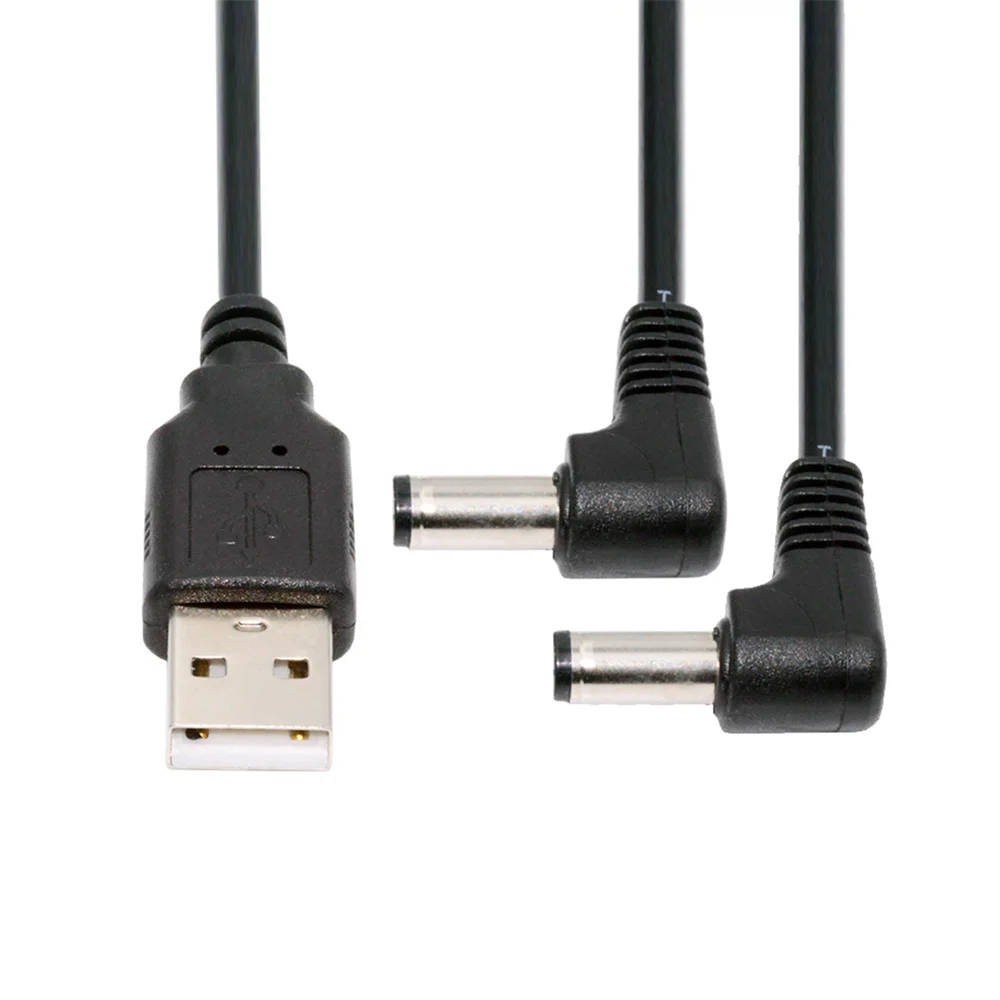 Right Angled 90 Degree USB Type-A Male to Dual 5.5x2.1mm DC 5V Power Plug Splitter Connector Charge Cable