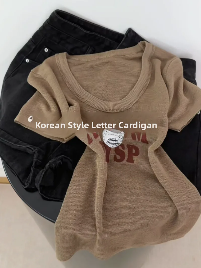 

Korean Style Short Sleeve Knitted Shirt Women's Summer New Gentle Slim Fit Shoulder Top Letter Print Commute Straight Tube