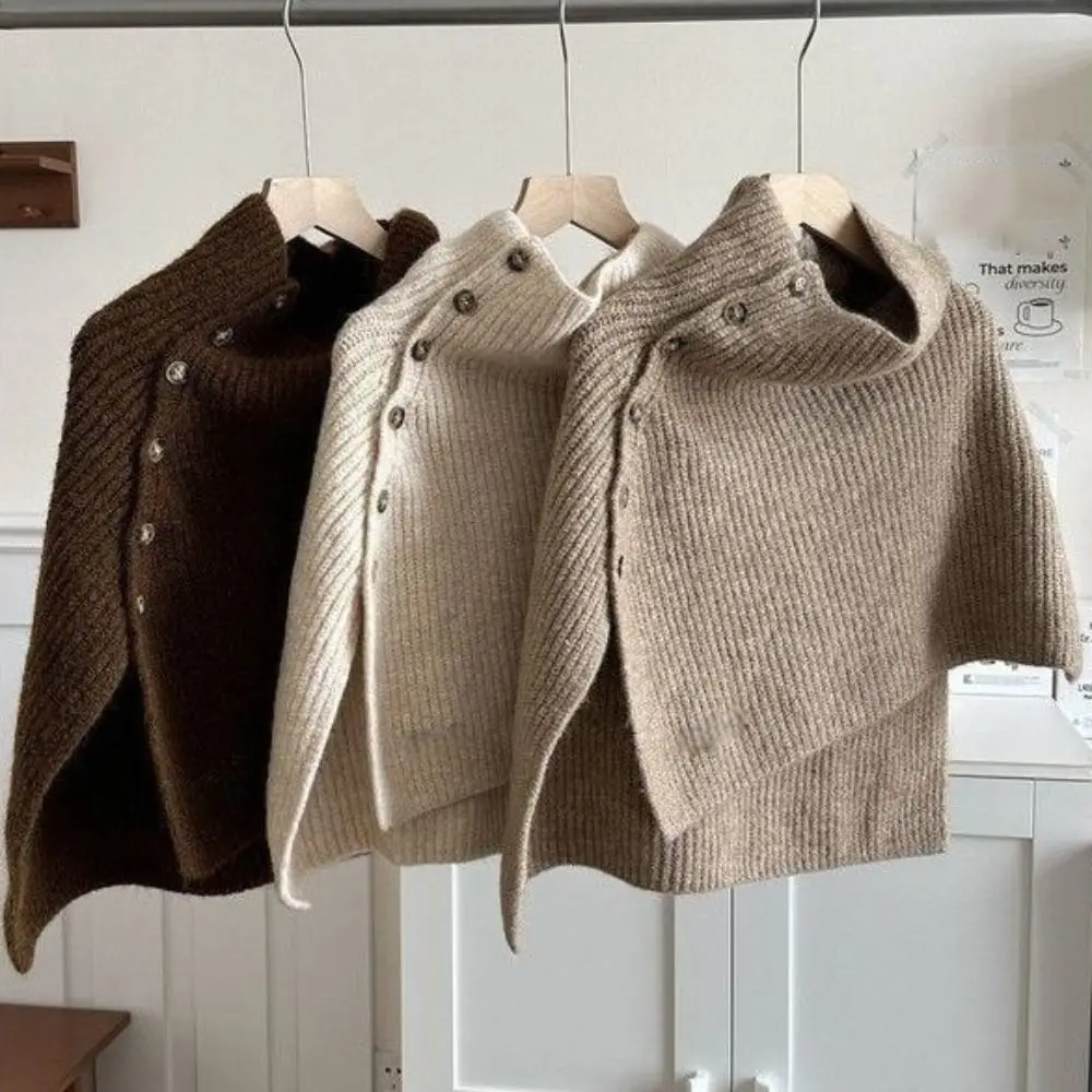 Classic Button Knitted Shawl Warm Thicken High Neck Scarf Irregular Cloak Women Winter Shawl Women