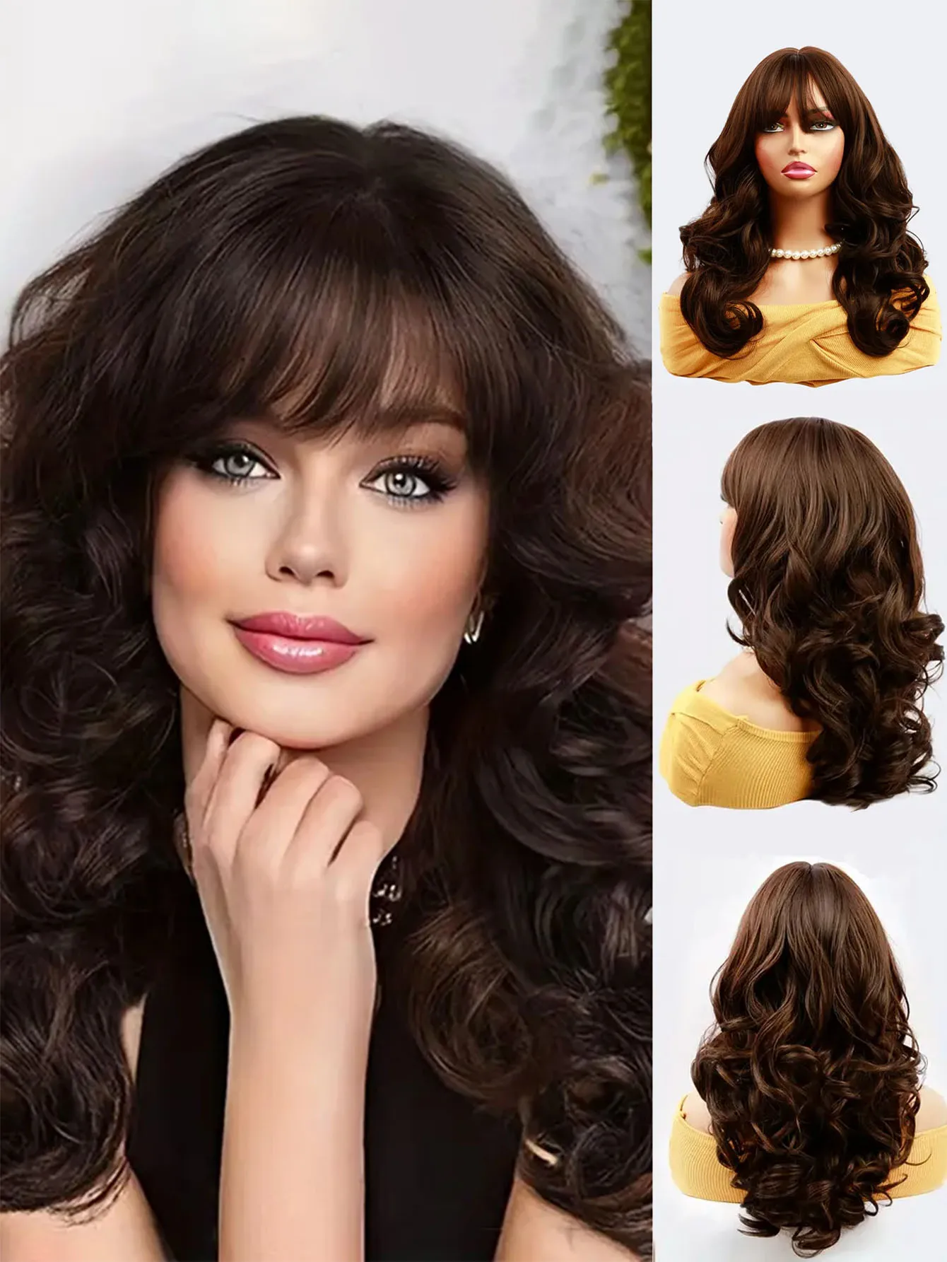

Brown curly synthetic wig with bangs,22 inch medium high-quality wig for women daily,parties,cosplay,Christmas