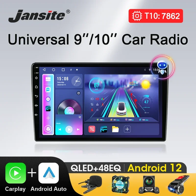 Jansite-Universal Multimedia Car Radio, Android 12, Video Player, Autoradio, Carplay, Áudio, Nissan, Kia, Honda, Toyota, VW, 8 GB, 256 GB, 9