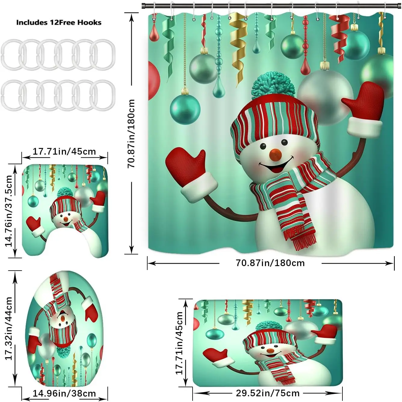 Christmas Shower Curtain Sets for Bathroom,4Pcs Xmas Shower Curtain Bathroom Rugs/Lid Toilet Cover Funny Santa Claus Elk Snowman