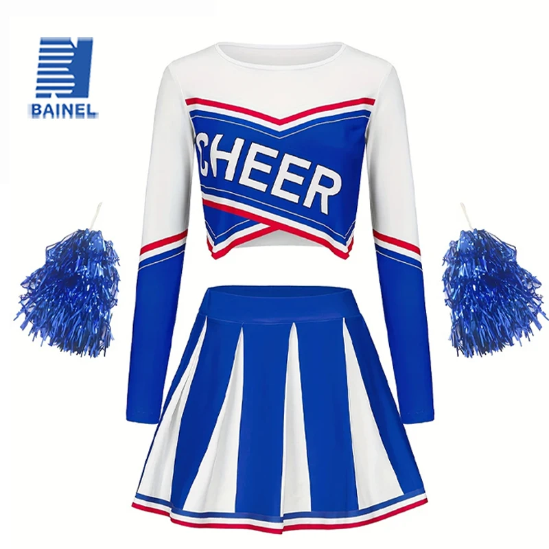 Long Sleeved Cheerleader Short Skirt Set Girls Kids Holiday Party Cute Homecoming Season Sports Performance Costume Send Pom Pom