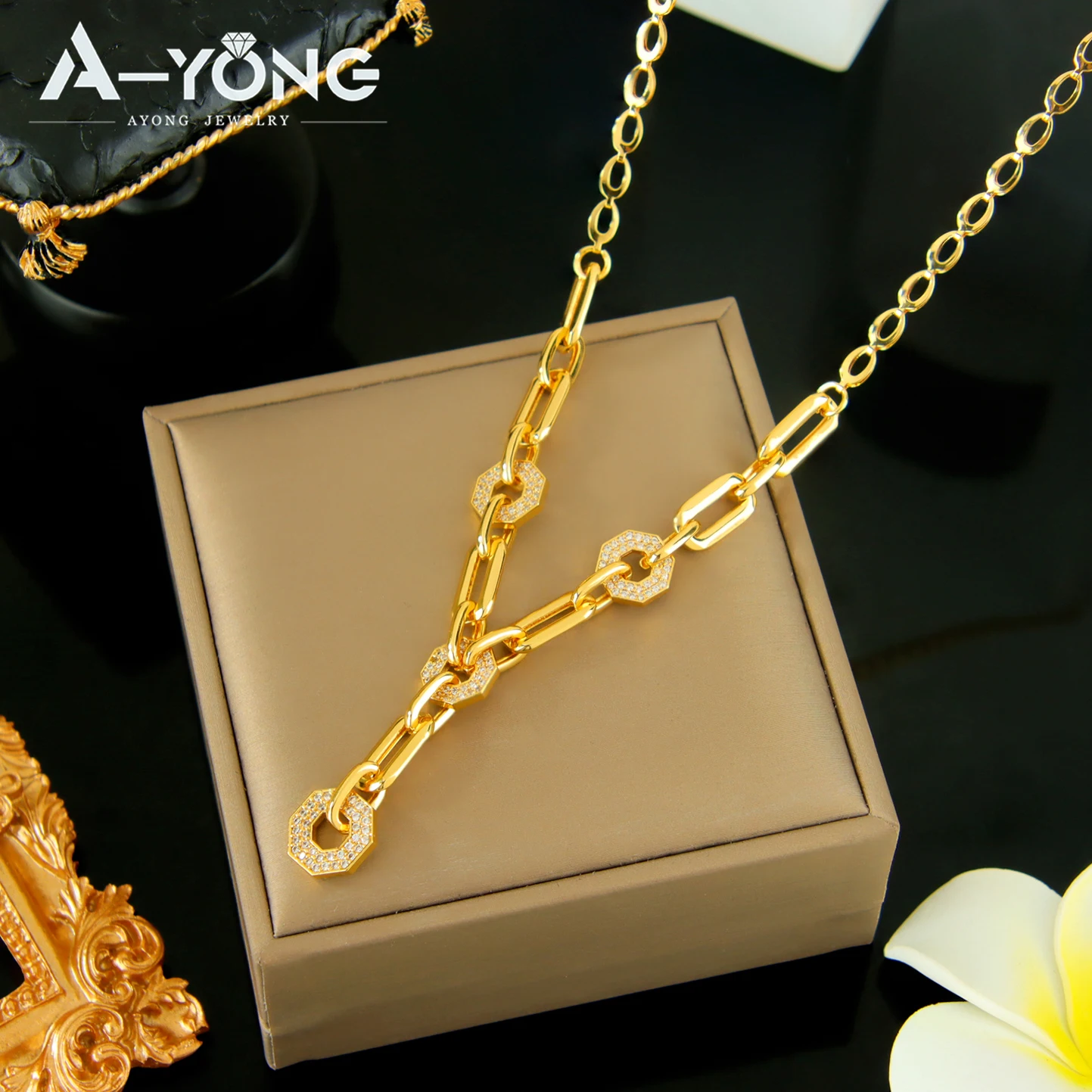 Dubai Modeschmuck-Set, 21 Karat vergoldet, italienischer Zirkonia, Halskette, Armband, Ohrringe, arabische Damen, Vintage, täglicher Party-Schmuck – Detail 4