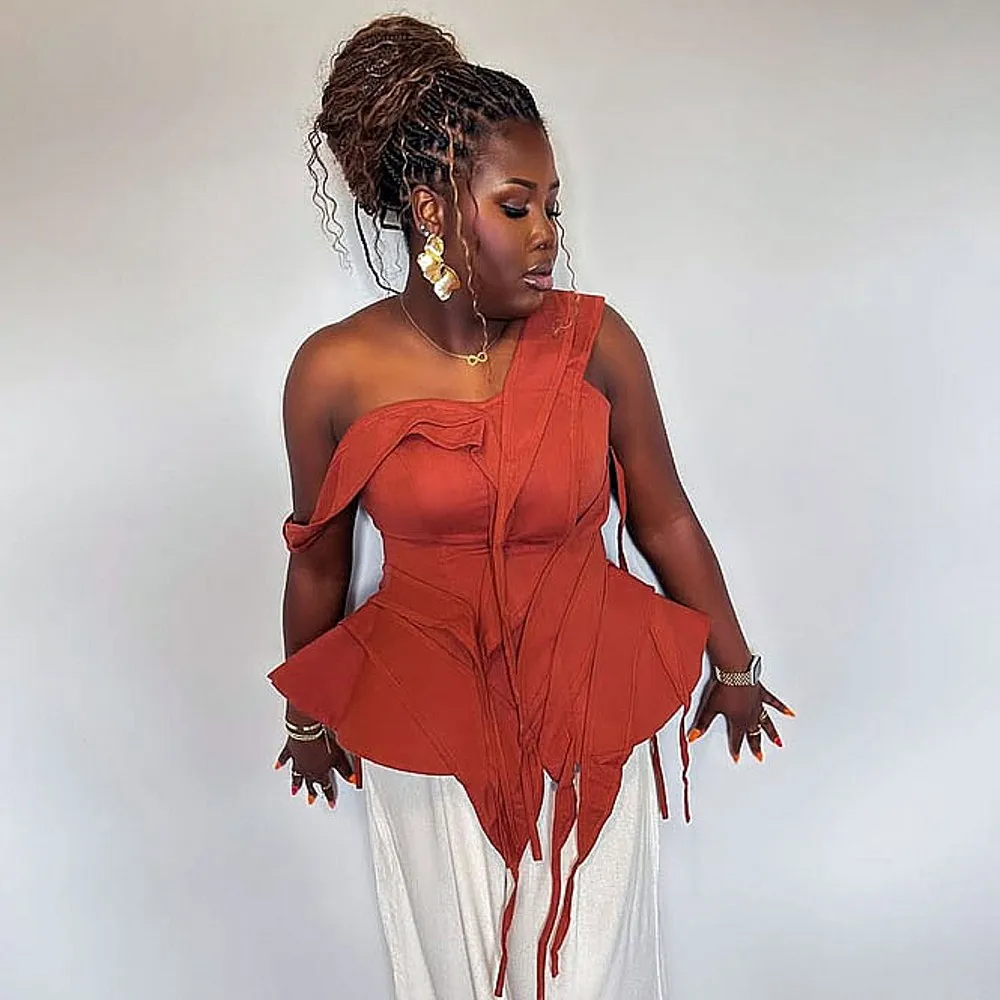 

Brick Red Women Tops One Shoulder Mermaid Shape Irregular Blouse Female Jacekt Girl Prom Wear Without Bottom