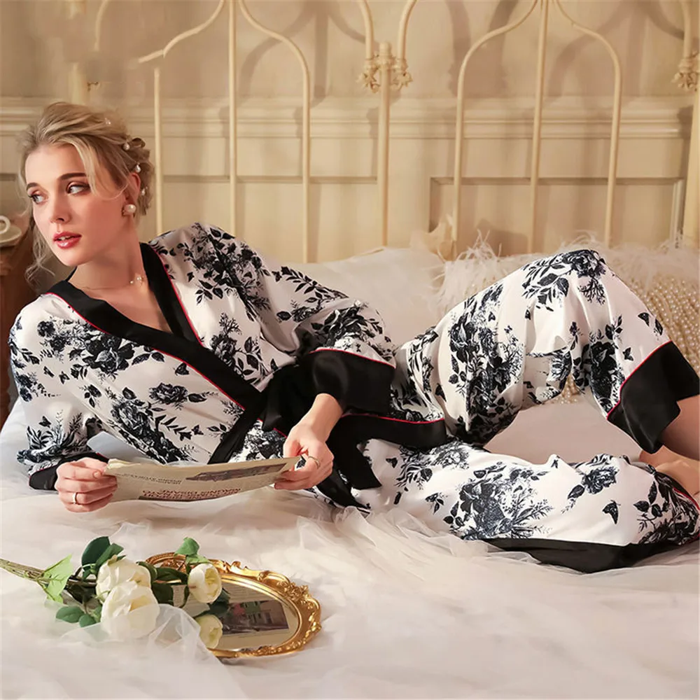

Женский пижамный комплект с принтом из 3 предметов, одежда для дома, элегантная одежда для сна в китайском стиле, женская шелковая атласная домашняя одежда