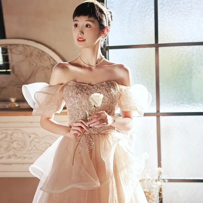 สีชมพูชุดราตรีผู้หญิง2023ใหม่ High-End หรูหรางานแต่งงานชุดอารมณ์ Fairy Bridesmaids ชุดสามารถสวมใส่ได้ที่ Ordinar