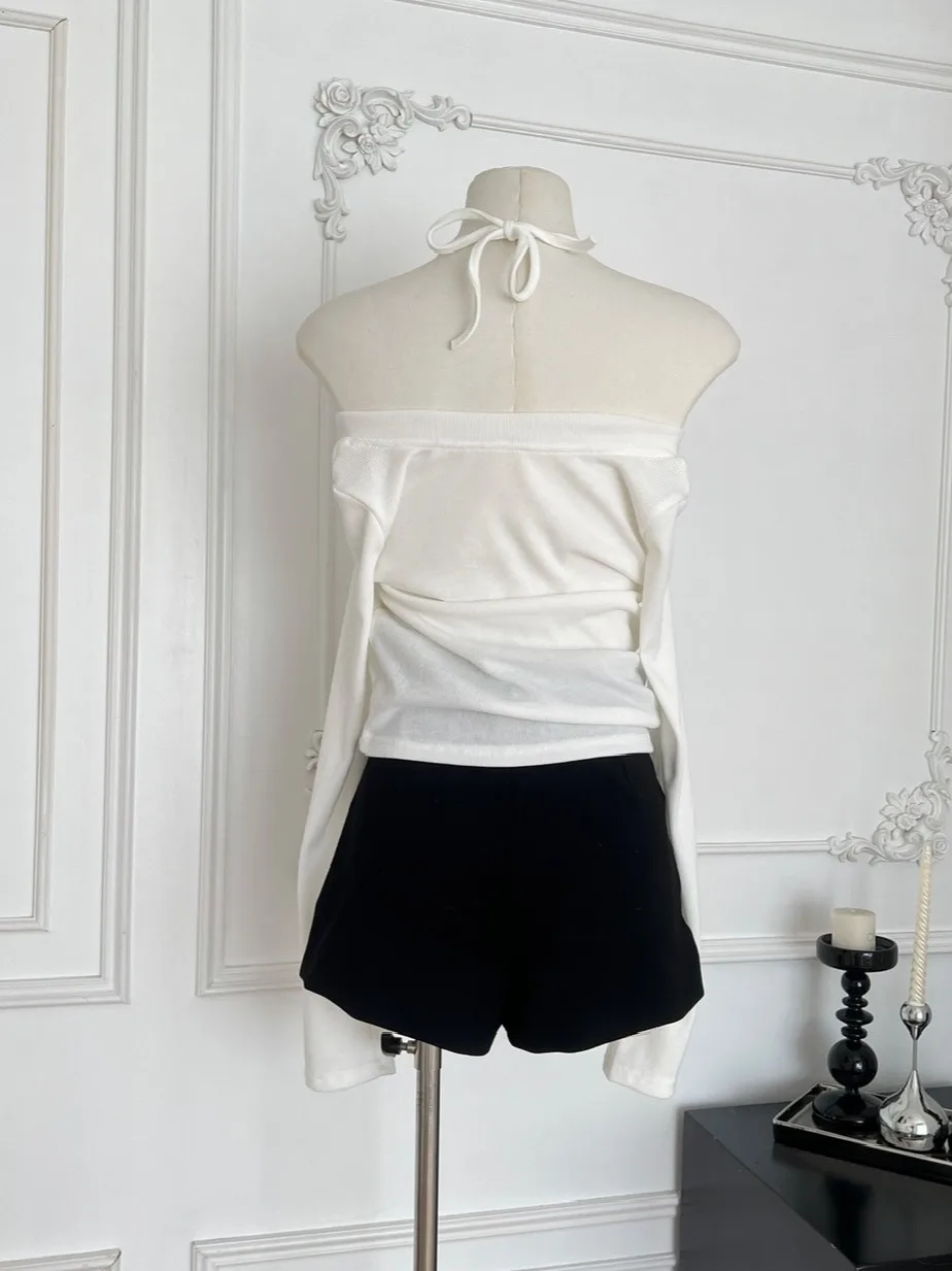 Moonlight White Sexy oulder Bared Long Sve Knitted Sweater Slim Fit Polyester Fiber Fake Two-Piece Ne Hanging Sle