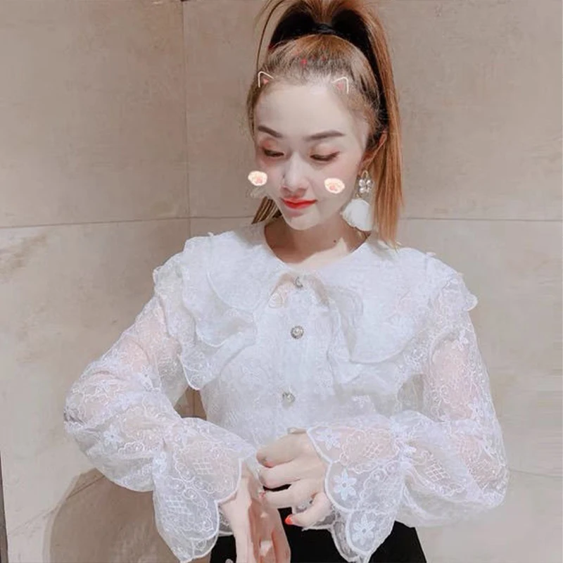 2024 Spring Autumn Fashionable Large Lapel Heavy Industry Lace Shirt for Women Western-style Trendy Doll Neck Elegant Loose Top