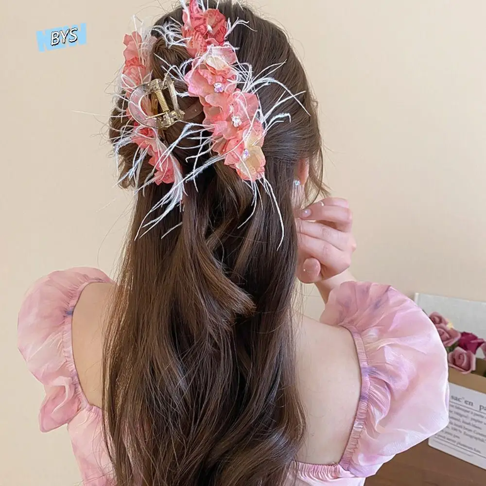 

Cloth Flower Hair Claw Simulated Flower Ponytail Holder Sweet Hair Catches Hair Accessories Headdress Feather Hair Crab Clip