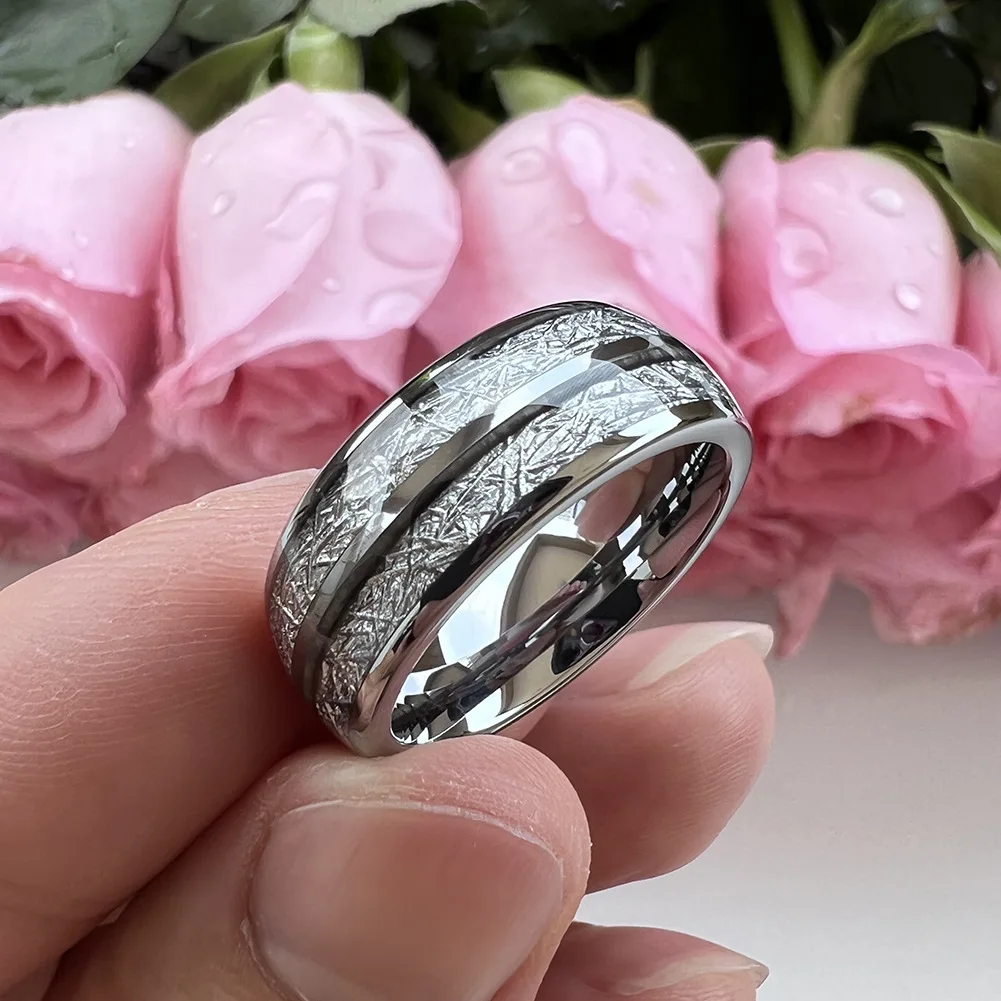 Dual Groove Meteorite Inlaid Titanium Ring, Wedding Ring, Jewelry Gift Men's and Women's Hot Selling Stainless Steel Ring